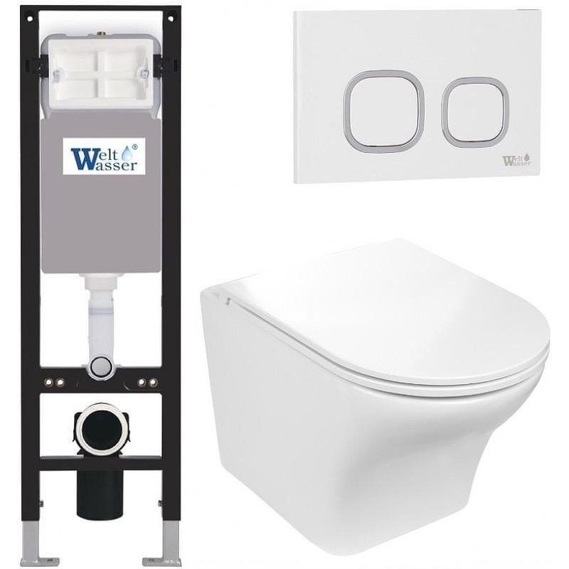 Комплект унитаза с инсталляцией WeltWasser AMBERG 350 + ODENBACH 004 GL-WT + AMBERG RD-WT 10000012402 цвет Белый глянцевый с сиденьем Микролифт и клавишей смыва цвет Белый