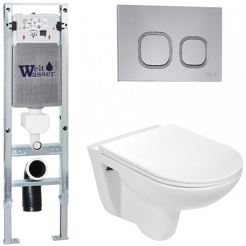Комплект унитаза с инсталляцией WeltWasser AMBERG 350 ST + BAARBACH 004 GL-WT + AMBERG RD-CR 10000006501 цвет Белый глянцевый с сиденьем Микролифт и клавишей смыва цвет Хром