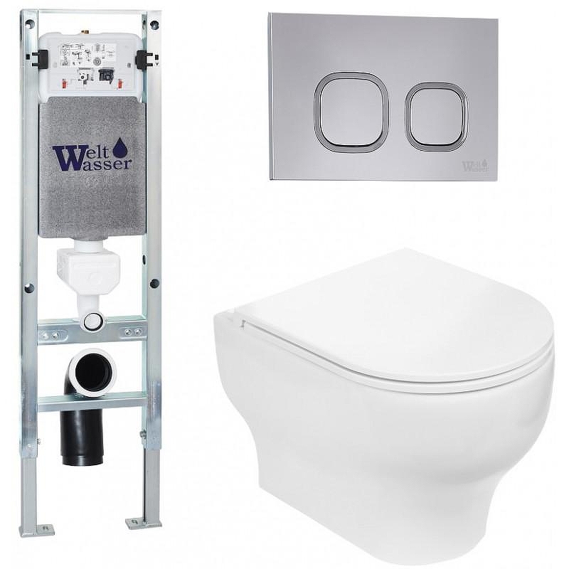 Комплект унитаза с инсталляцией WeltWasser AMBERG 350 ST + ERLENBACH 004 GL-WT + AMBERG RD-CR 10000006509 цвет Белый глянцевый с сиденьем Микролифт и клавишей смыва цвет Хром