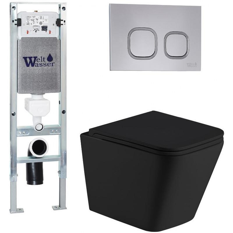 Комплект унитаза с инсталляцией WeltWasser AMBERG 350 ST + GELBACH 043 MT-BL + AMBERG RD-CR 10000011971 цвет Черный матовый с сиденьем Микролифт и клавишей смыва цвет Хром