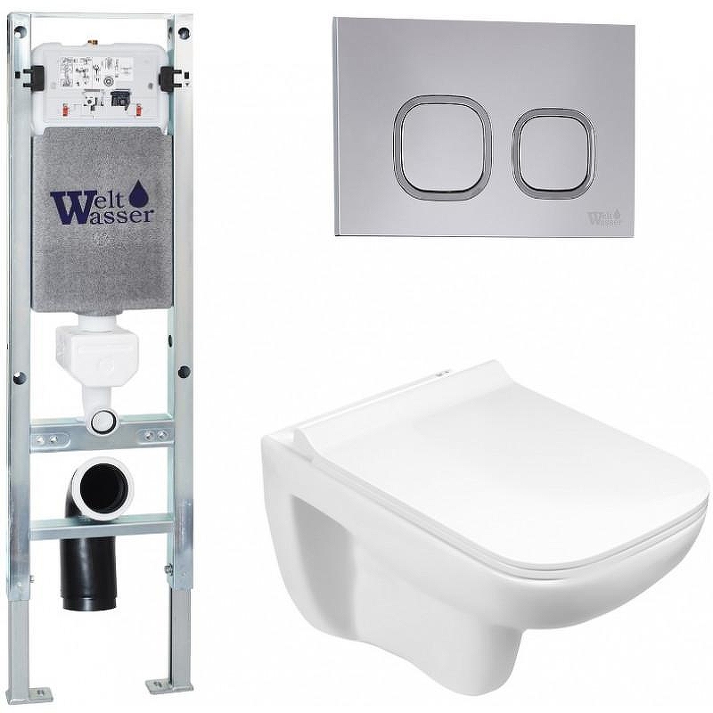 Комплект унитаза с инсталляцией WeltWasser AMBERG 350 ST + KEHLBACH 004 GL-WT + AMBERG RD-CR 10000006539 цвет Белый глянцевый с сиденьем Микролифт и клавишей смыва цвет Хром