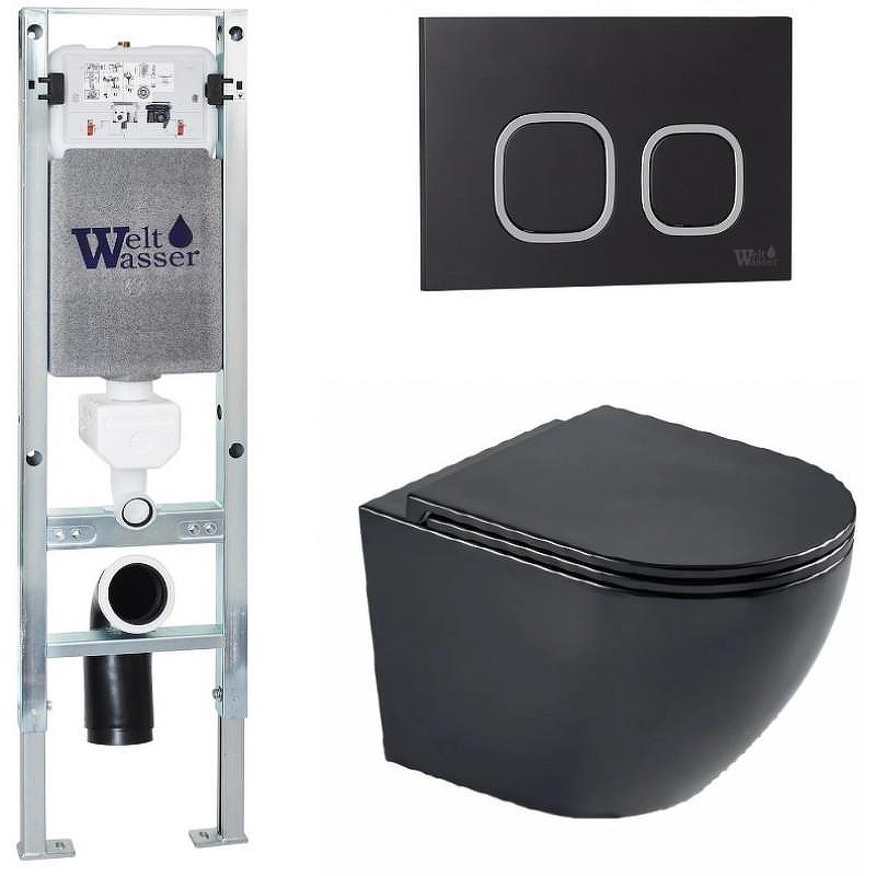 Комплект унитаза с инсталляцией WeltWasser AMBERG 350 ST + MERZBACH 043 MT-BL + AMBERG RD-BL 10000011322 цвет Черный матовый с сиденьем Микролифт и клавишей смыва цвет Черный