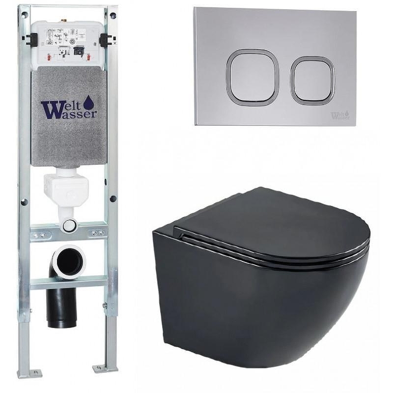 Комплект унитаза с инсталляцией WeltWasser AMBERG 350 ST + MERZBACH 043 MT-BL + AMBERG RD-CR 10000011323 цвет Черный матовый с сиденьем Микролифт и клавишей смыва цвет Хром