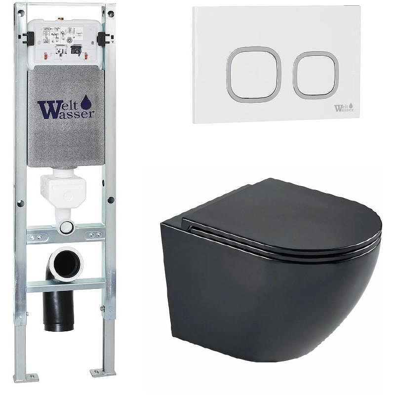 Комплект унитаза с инсталляцией WeltWasser AMBERG 350 ST + MERZBACH 043 MT-BL + AMBERG RD-WT 10000011325 цвет Черный матовый с сиденьем Микролифт и клавишей смыва цвет Белый
