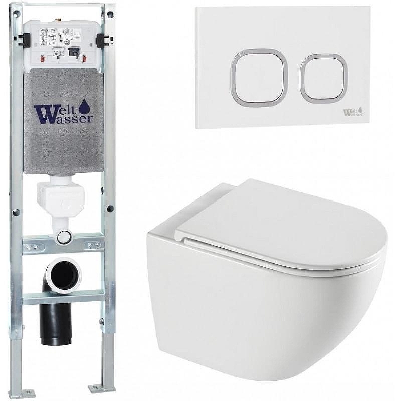Комплект унитаза с инсталляцией WeltWasser AMBERG 350 ST + MERZBACH 043 XL GL-WT + AMBERG RD-WT 10000013764 цвет Белый глянцевый с сиденьем Микролифт и клавишей смыва цвет Белый