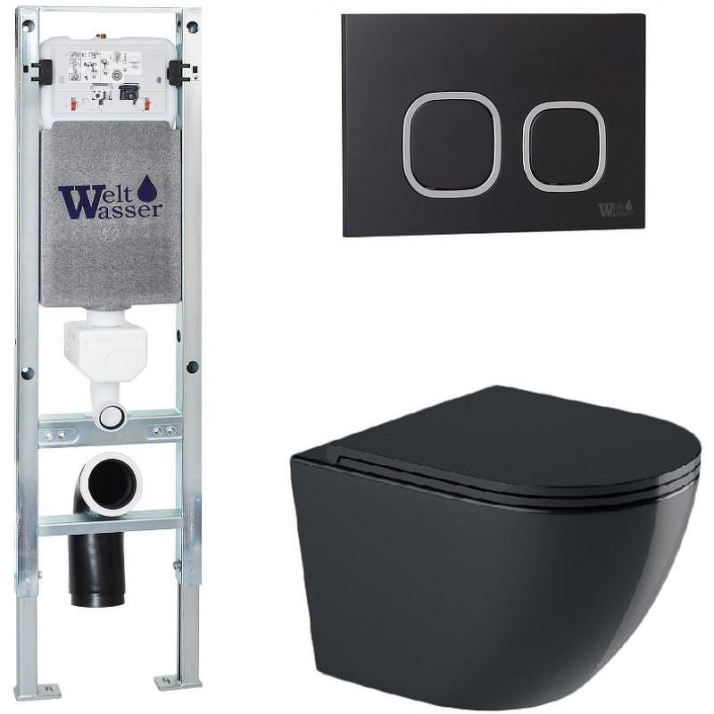 Комплект унитаза с инсталляцией WeltWasser AMBERG 350 ST + MERZBACH 043 GL-BL + AMBERG RD-BL 10000012171 цвет Черный глянцевый с сиденьем Микролифт и клавишей смыва цвет Черный