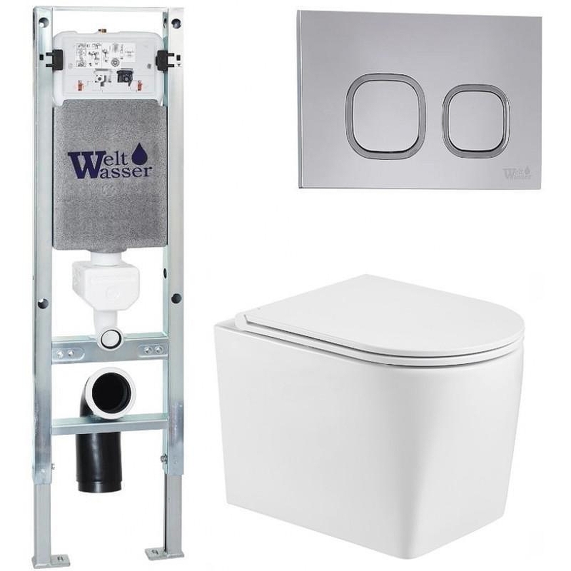 Комплект унитаза с инсталляцией WeltWasser AMBERG 350 ST + NESENBACH 004 GL-WT + AMBERG RD-CR 10000008921 цвет Белый глянцевый с сиденьем Микролифт и клавишей смыва цвет Хром