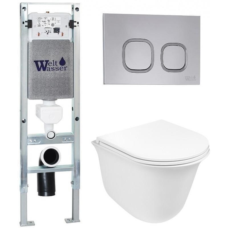 Комплект унитаза с инсталляцией WeltWasser AMBERG 350 ST + TELBACH 004 GL-WT + AMBERG RD-CR 10000006588 цвет Белый глянцевый с сиденьем Микролифт и клавишей смыва цвет Хром
