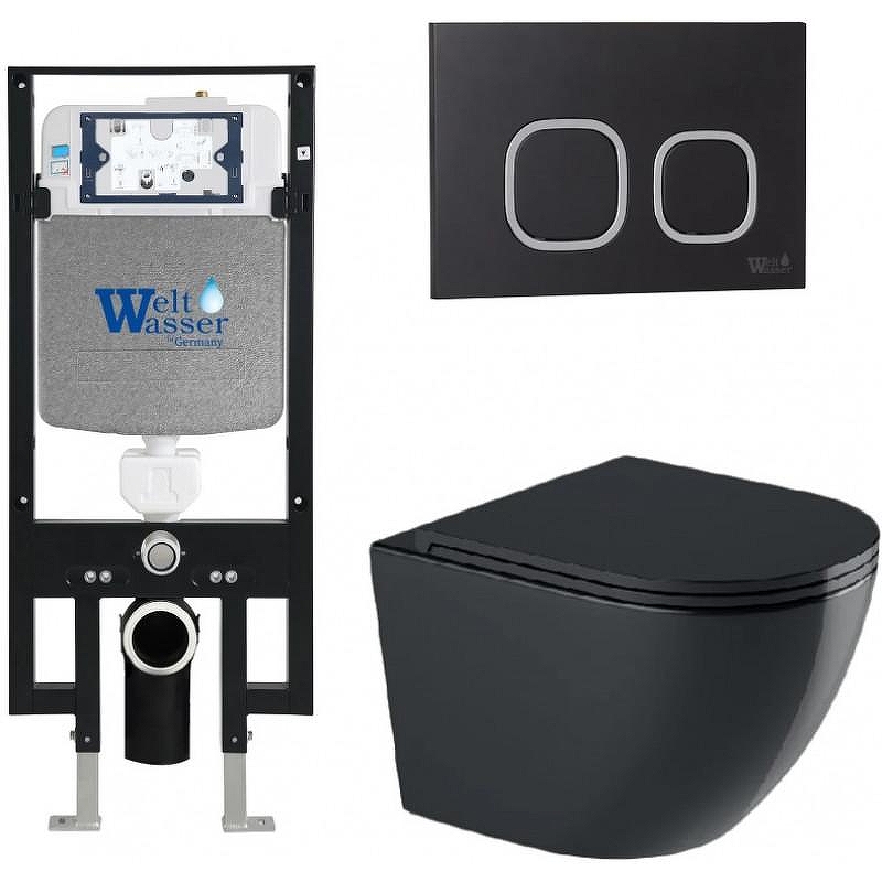 Комплект унитаза с инсталляцией WeltWasser AMBERG 497 + MERZBACH 043 GL-BL + AMBERG RD-BL 10000012176 цвет Черный глянцевый с сиденьем Микролифт и клавишей смыва цвет Черный
