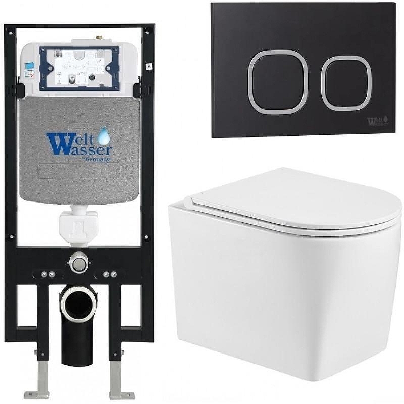 Комплект унитаза с инсталляцией WeltWasser AMBERG 497 + NESENBACH 004 GL-WT + AMBERG RD-BL 10000008924 цвет Белый глянцевый с сиденьем Микролифт и клавишей смыва цвет Черный