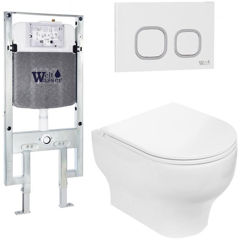 Комплект унитаза с инсталляцией WeltWasser AMBERG 497 ST + ERLENBACH 004 GL-WT + AMBERG RD-WT 10000006686 цвет Белый глянцевый с сиденьем Микролифт и клавишей смыва цвет Белый