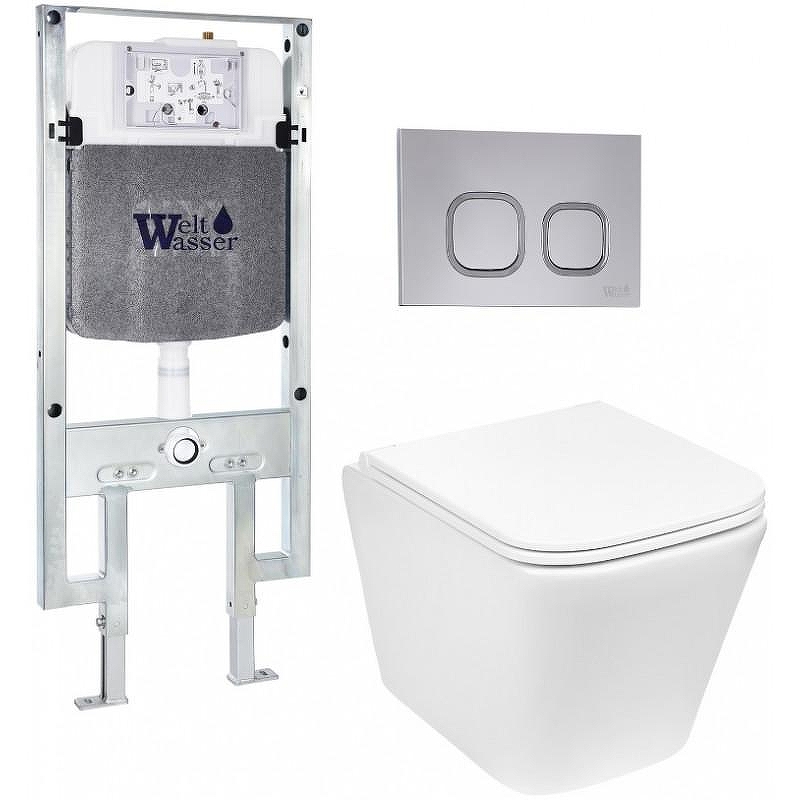 Комплект унитаза с инсталляцией WeltWasser AMBERG 497 ST + GELBACH 043 GL-WT + AMBERG RD-CR 10000011857 цвет Белый глянцевый с сиденьем Микролифт и клавишей смыва цвет Хром