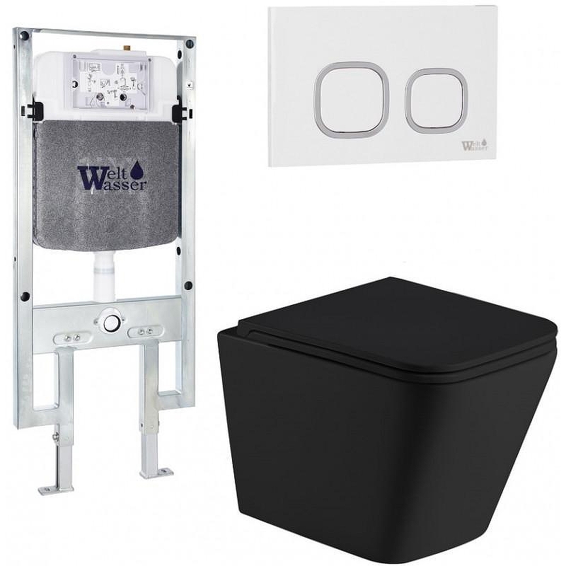 Комплект унитаза с инсталляцией WeltWasser AMBERG 497 ST + GELBACH 043 MT-BL + AMBERG RD-WT 10000011983 цвет Черный матовый с сиденьем Микролифт и клавишей смыва цвет Белый