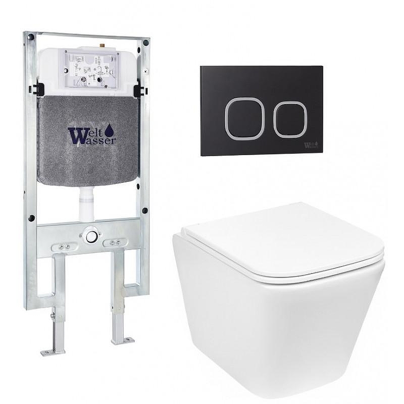 Комплект унитаза с инсталляцией WeltWasser AMBERG 497 ST + GELBACH 043 GL-WT + AMBERG RD-BL 10000011856 цвет Белый глянцевый с сиденьем Микролифт и клавишей смыва цвет Черный