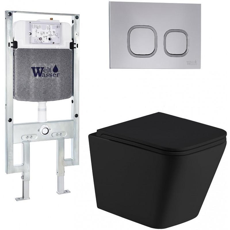 Комплект унитаза с инсталляцией WeltWasser AMBERG 497 ST + GELBACH 043 MT-BL + AMBERG RD-CR 10000011981 цвет Черный матовый с сиденьем Микролифт и клавишей смыва цвет Хром