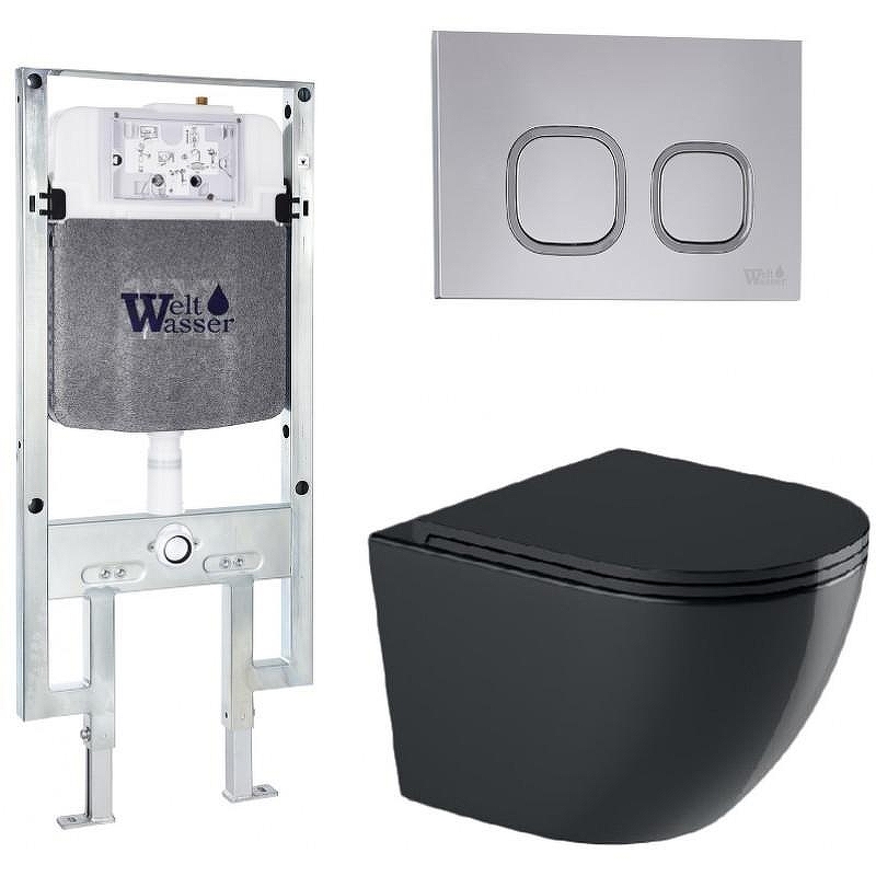 Комплект унитаза с инсталляцией WeltWasser AMBERG 497 ST + MERZBACH 043 GL-BL + AMBERG RD-CR 10000012182 цвет Черный глянцевый с сиденьем Микролифт и клавишей смыва цвет Хром