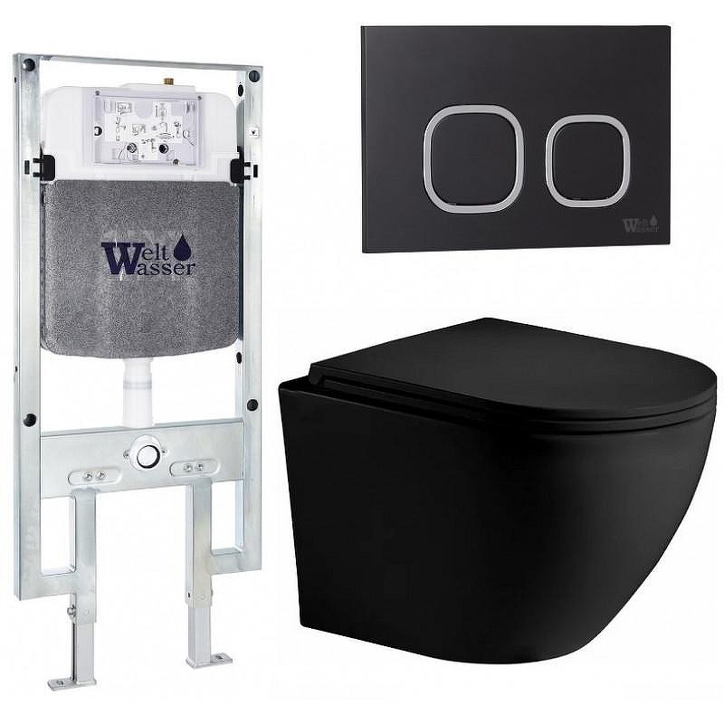 Комплект унитаза с инсталляцией WeltWasser AMBERG 497 ST + MERZBACH 043 XL MT-BL + AMBERG RD-BL 10000014112 цвет Черный матовый с сиденьем Микролифт и клавишей смыва цвет Черный