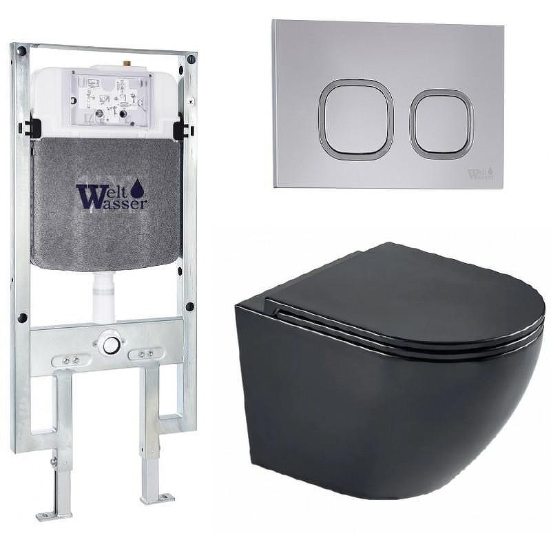 Комплект унитаза с инсталляцией WeltWasser AMBERG 497 ST + MERZBACH 043 MT-BL + AMBERG RD-CR 10000011336 цвет Черный матовый с сиденьем Микролифт и клавишей смыва цвет Хром