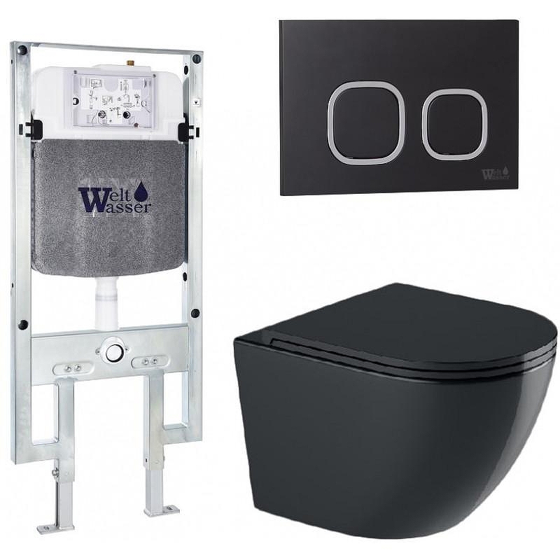 Комплект унитаза с инсталляцией WeltWasser AMBERG 497 ST + MERZBACH 043 GL-BL + AMBERG RD-BL 10000012181 цвет Черный глянцевый с сиденьем Микролифт и клавишей смыва цвет Черный