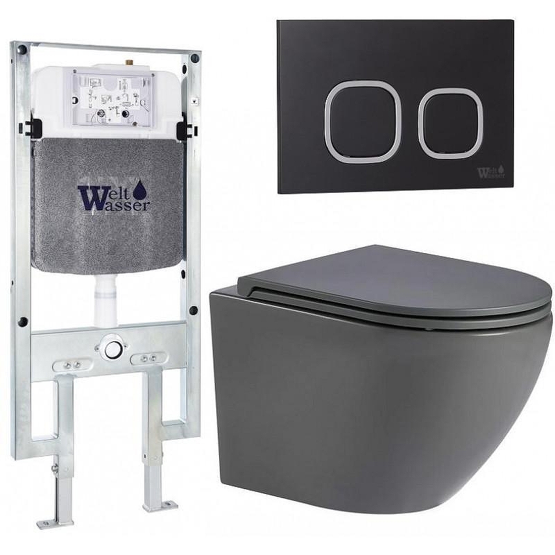 Комплект унитаза с инсталляцией WeltWasser AMBERG 497 ST + MERZBACH 043 MT-GR + AMBERG RD-BL 10000011375 цвет Серый матовый с сиденьем Микролифт и клавишей смыва цвет Черный