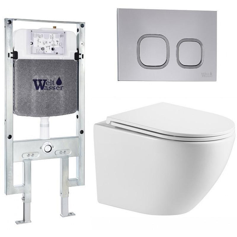 Комплект унитаза с инсталляцией WeltWasser AMBERG 497 ST + MERZBACH 043 MT-WT + AMBERG RD-CR 10000011416 цвет Белый матовый с сиденьем Микролифт и клавишей смыва цвет Хром