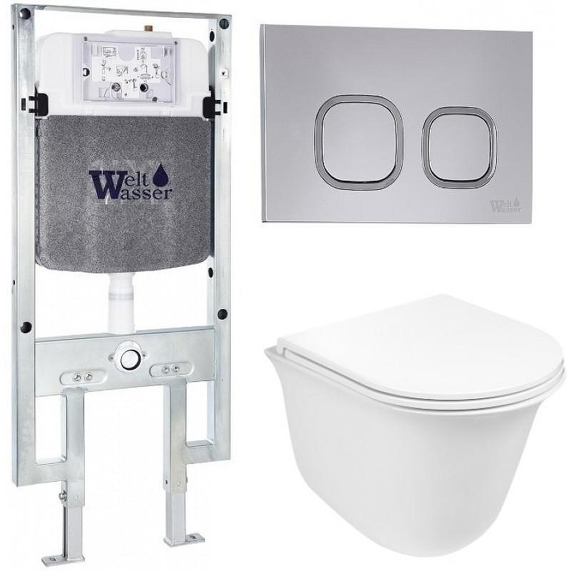 Комплект унитаза с инсталляцией WeltWasser AMBERG 497 ST + TELBACH 004 GL-WT + AMBERG RD-CR 10000006764 цвет Белый глянцевый с сиденьем Микролифт и клавишей смыва цвет Хром