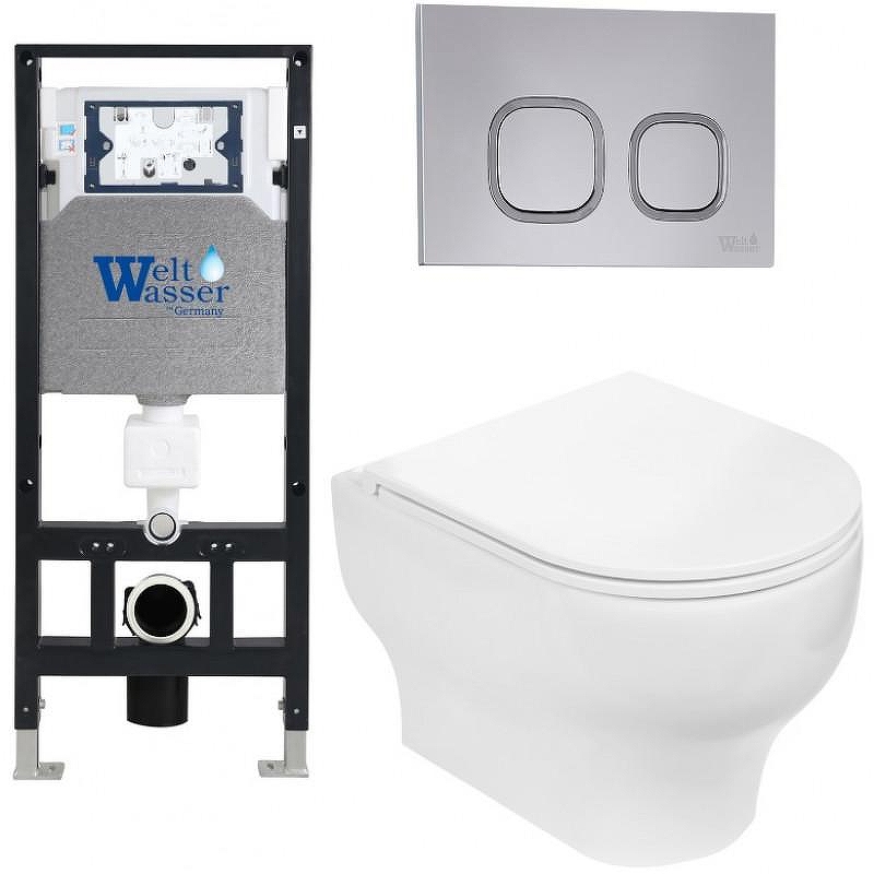 Комплект унитаза с инсталляцией WeltWasser AMBERG 506 + ERLENBACH 004 GL-WT + AMBERG RD-CR 10000006772 цвет Белый глянцевый с сиденьем Микролифт и клавишей смыва цвет Хром