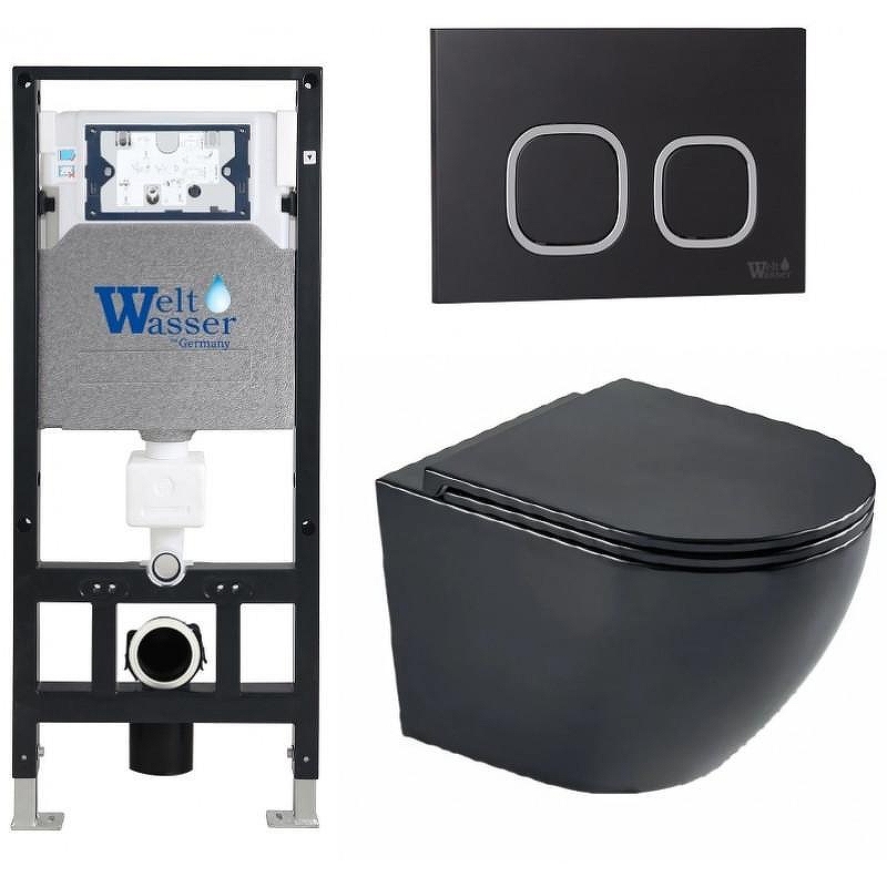 Комплект унитаза с инсталляцией WeltWasser AMBERG 506 + MERZBACH 043 MT-BL + AMBERG RD-BL 10000011340 цвет Черный матовый с сиденьем Микролифт и клавишей смыва цвет Черный