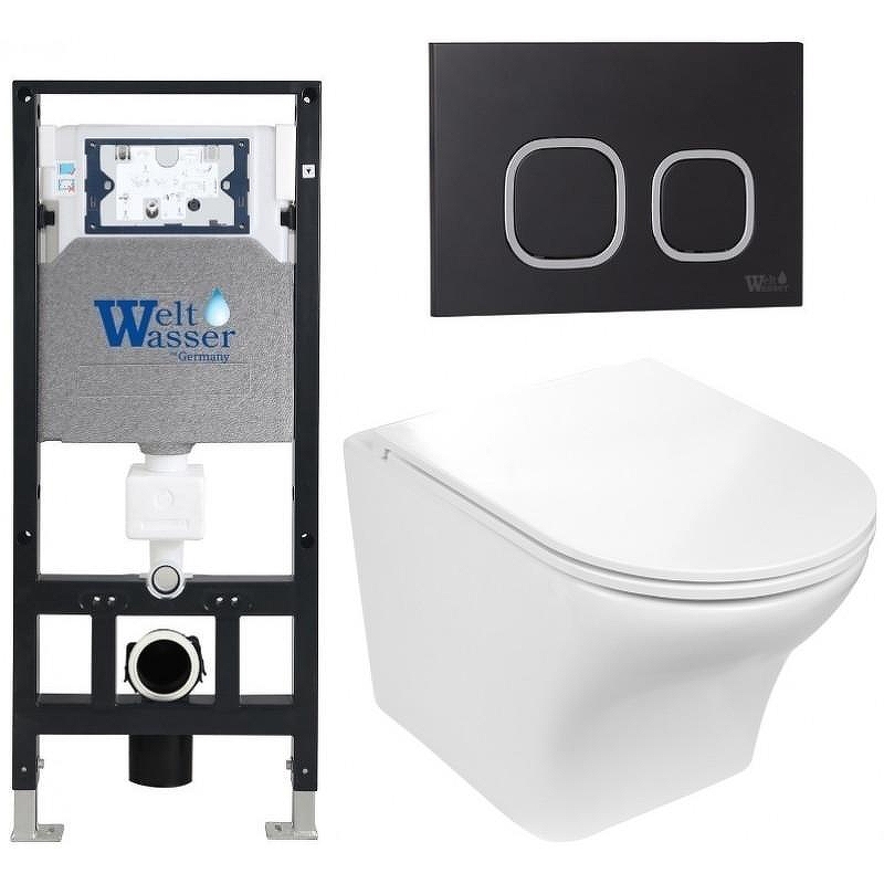 Комплект унитаза с инсталляцией WeltWasser AMBERG 506 + ODENBACH 004 GL-WT + AMBERG RD-BL 10000006827 цвет Белый глянцевый с сиденьем Микролифт и клавишей смыва цвет Черный