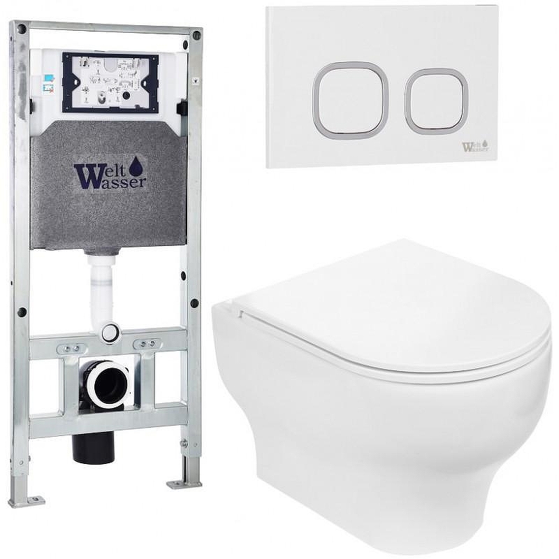 Комплект унитаза с инсталляцией WeltWasser AMBERG 506 ST + ERLENBACH 004 GL-WT + AMBERG RD-WT 10000006862 цвет Белый глянцевый с сиденьем Микролифт и клавишей смыва цвет Белый