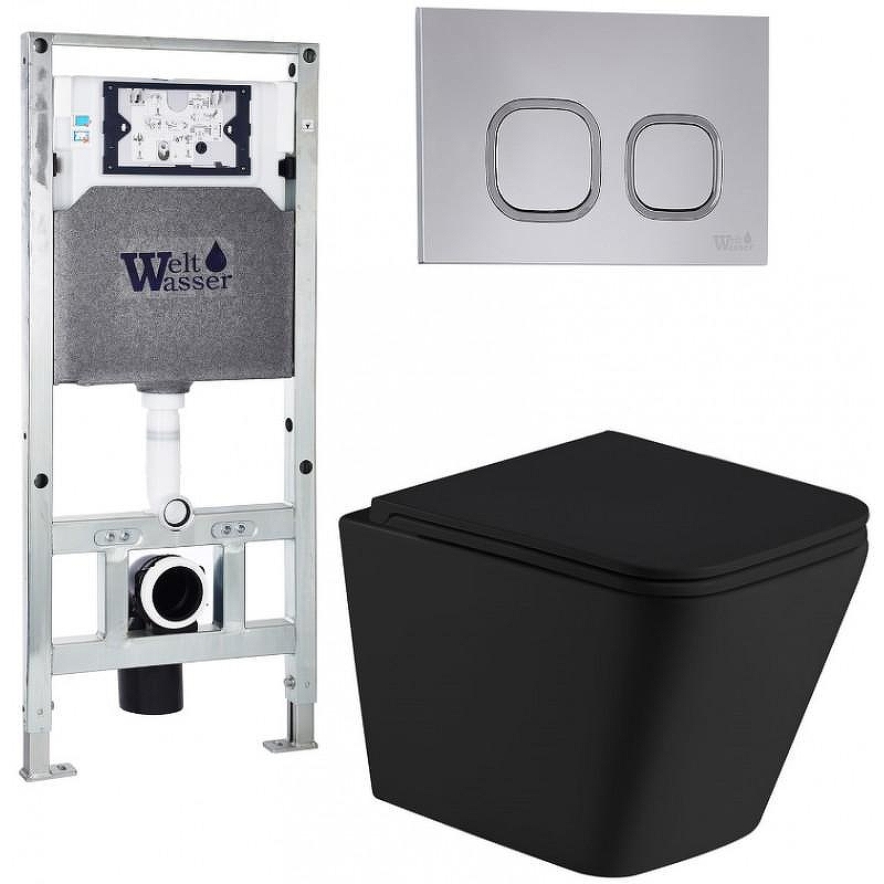 Комплект унитаза с инсталляцией WeltWasser AMBERG 506 ST + GELBACH 043 MT-BL + AMBERG RD-CR 10000011991 цвет Черный матовый с сиденьем Микролифт и клавишей смыва цвет Хром