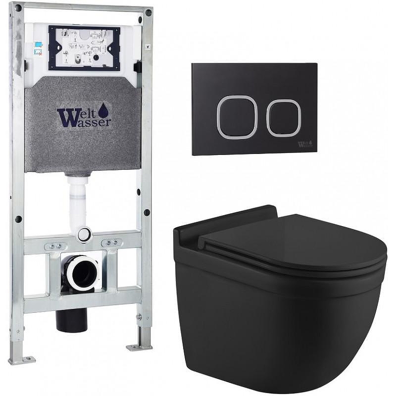 Комплект унитаза с инсталляцией WeltWasser AMBERG 506 ST + HEIMBACH 043 MT-BL + AMBERG RD-BL 10000012241 цвет Черный матовый с сиденьем Микролифт и клавишей смыва цвет Черный