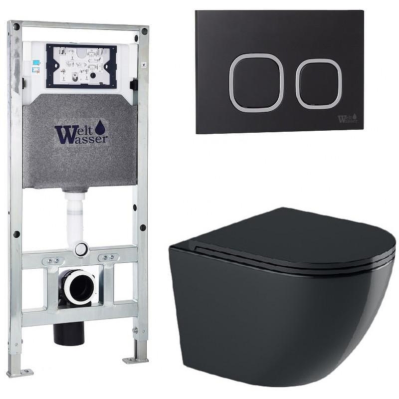 Комплект унитаза с инсталляцией WeltWasser AMBERG 506 ST + MERZBACH 043 GL-BL + AMBERG RD-BL 10000012191 цвет Черный глянцевый с сиденьем Микролифт и клавишей смыва цвет Черный