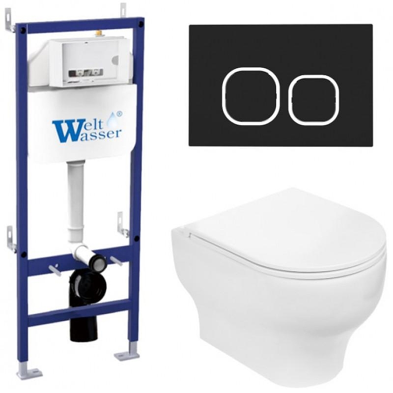Комплект унитаза с инсталляцией WeltWasser BAMBERG 460 + ERLENBACH 004 GL-WT + BAMBERG BL 10000010363 цвет Белый глянцевый с сиденьем Микролифт и клавишей смыва цвет Черный