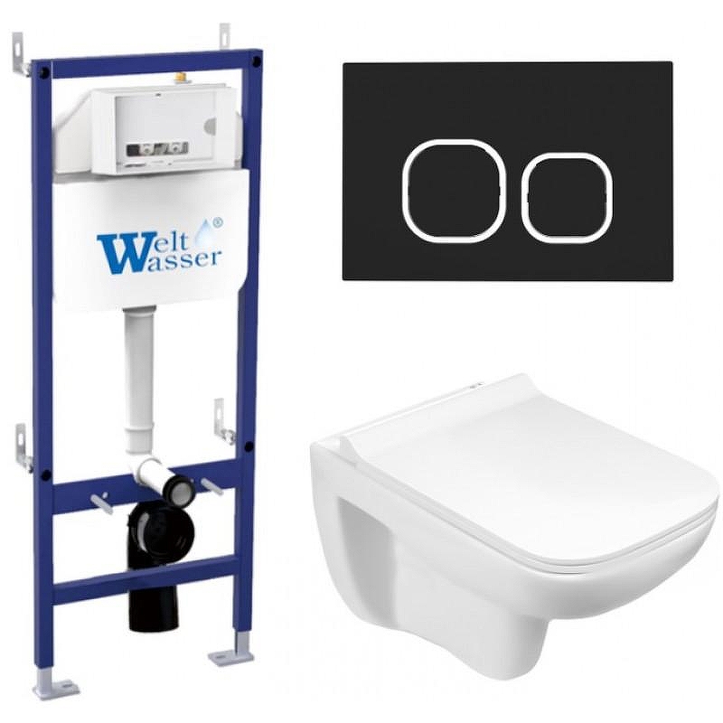 Комплект унитаза с инсталляцией WeltWasser BAMBERG 460 + KEHLBACH 004 GL-WT + BAMBERG BL 10000012849 цвет Белый глянцевый с сиденьем Микролифт и клавишей смыва цвет Черный