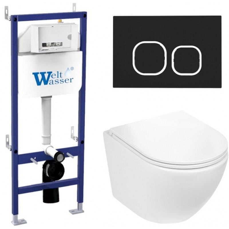 Комплект унитаза с инсталляцией WeltWasser BAMBERG 460 + MERZBACH 043 GL-WT + BAMBERG BL 10000012891 цвет Белый глянцевый с сиденьем Микролифт и клавишей смыва цвет Черный