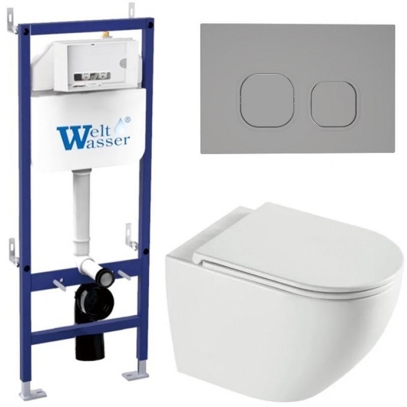 Комплект унитаза с инсталляцией WeltWasser BAMBERG 460 + MERZBACH 043 XL GL-WT + BAMBERG CR 10000013787 цвет Белый глянцевый с сиденьем Микролифт и клавишей смыва цвет Хром