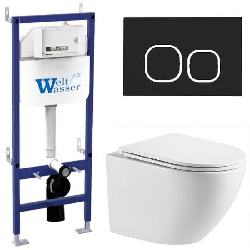 Комплект унитаза с инсталляцией WeltWasser BAMBERG 460 + MERZBACH 043 MT-WT + BAMBERG BL 10000013618 цвет Белый матовый с сиденьем Микролифт и клавишей смыва цвет Черный