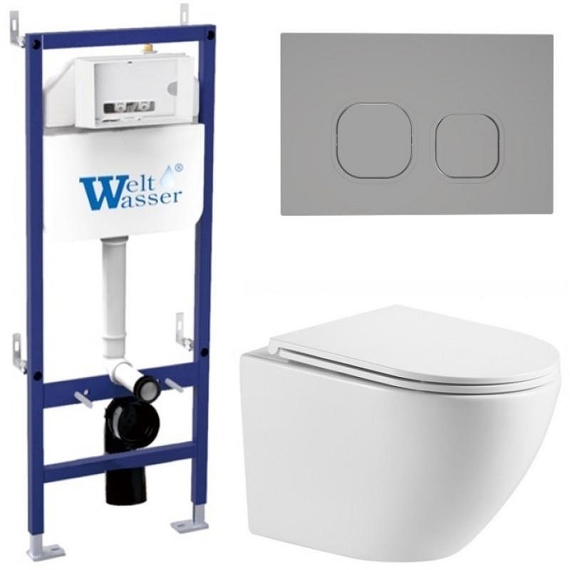Комплект унитаза с инсталляцией WeltWasser BAMBERG 460 + MERZBACH 043 MT-WT + BAMBERG CR 10000013619 цвет Белый матовый с сиденьем Микролифт и клавишей смыва цвет Хром