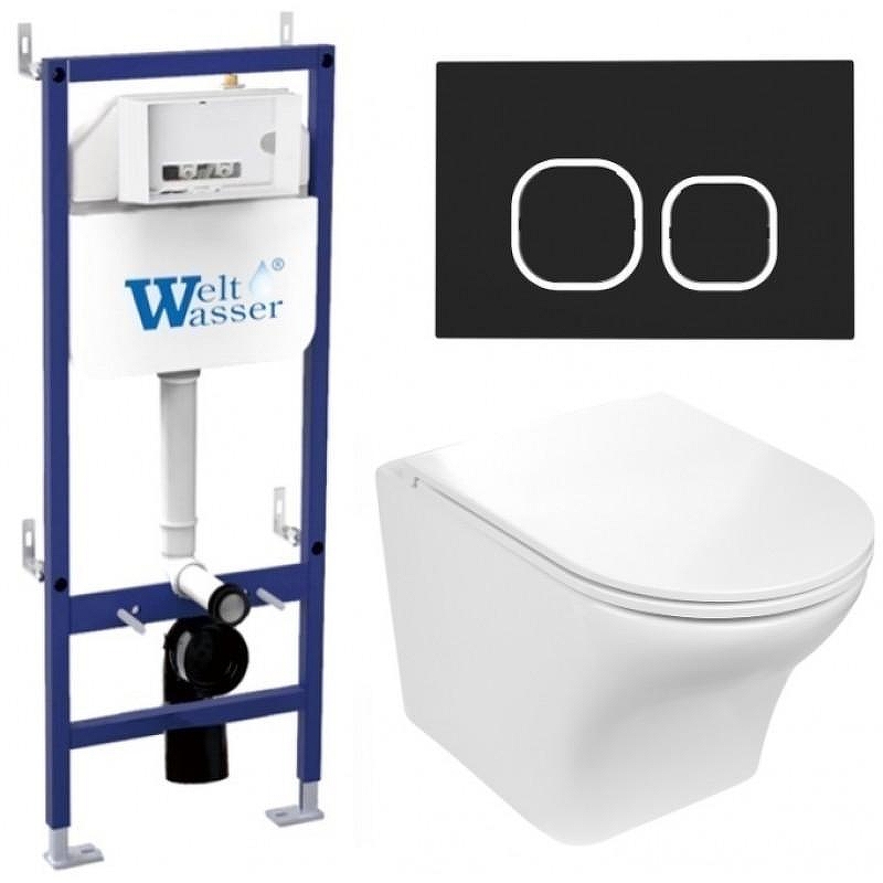 Комплект унитаза с инсталляцией WeltWasser BAMBERG 460 + ODENBACH 004 GL-WT + BAMBERG BL 10000012921 цвет Белый глянцевый с сиденьем Микролифт и клавишей смыва цвет Черный