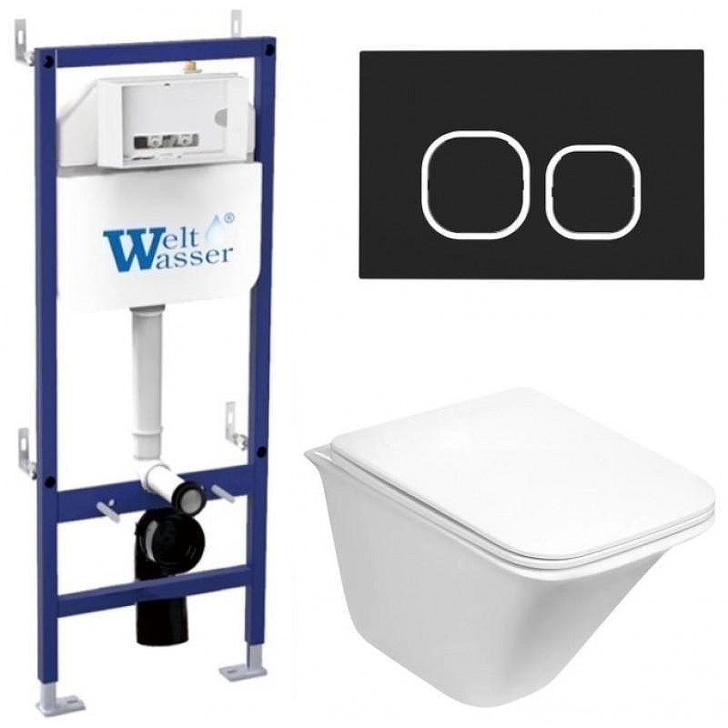 Комплект унитаза с инсталляцией WeltWasser BAMBERG 460 + ROTBACH 004 GL-WT + BAMBERG BL 10000012961 цвет Белый глянцевый с сиденьем Микролифт и клавишей смыва цвет Черный