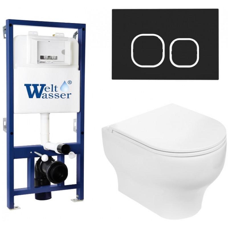 Комплект унитаза с инсталляцией WeltWasser BAMBERG 525 + ERLENBACH 004 GL-WT + BAMBERG BL 10000010367 цвет Белый глянцевый с сиденьем Микролифт и клавишей смыва цвет Черный