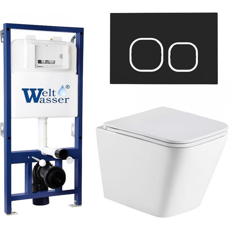 Комплект унитаза с инсталляцией WeltWasser BAMBERG 525 + GELBACH 043 MT-WT + BAMBERG BL 10000012802 цвет Белый матовый с сиденьем Микролифт и клавишей смыва цвет Черный