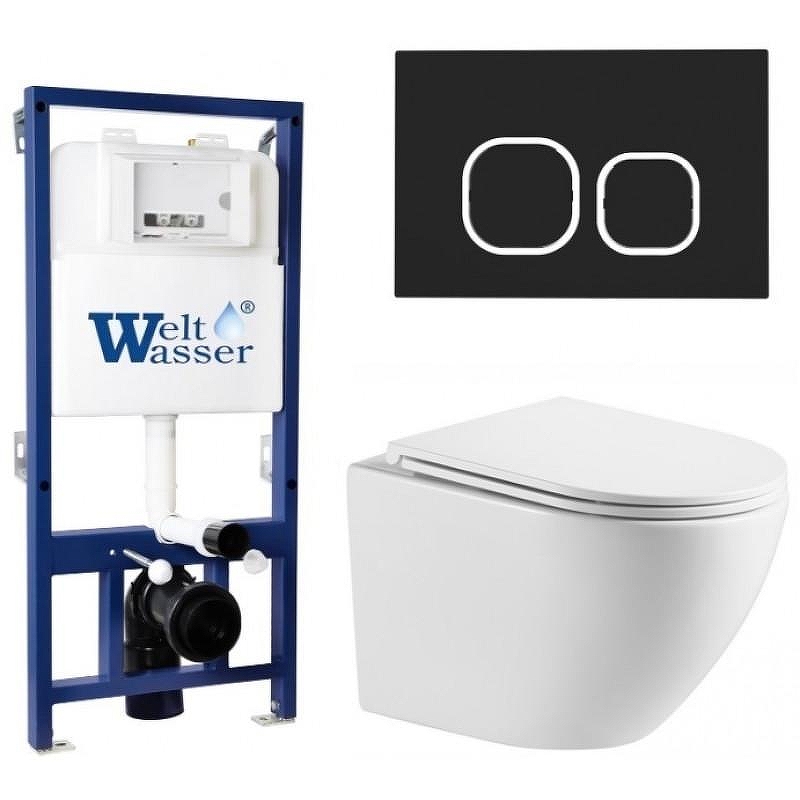 Комплект унитаза с инсталляцией WeltWasser BAMBERG 525 + MERZBACH 043 MT-WT + BAMBERG BL 10000013621 цвет Белый матовый с сиденьем Микролифт и клавишей смыва цвет Черный