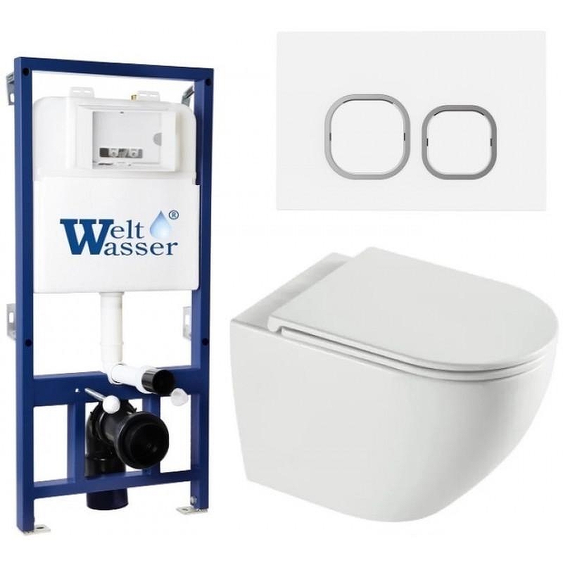Комплект унитаза с инсталляцией WeltWasser BAMBERG 525 + MERZBACH 043 XL GL-WT + BAMBERG WT 10000013792 цвет Белый глянцевый с сиденьем Микролифт и клавишей смыва цвет Белый
