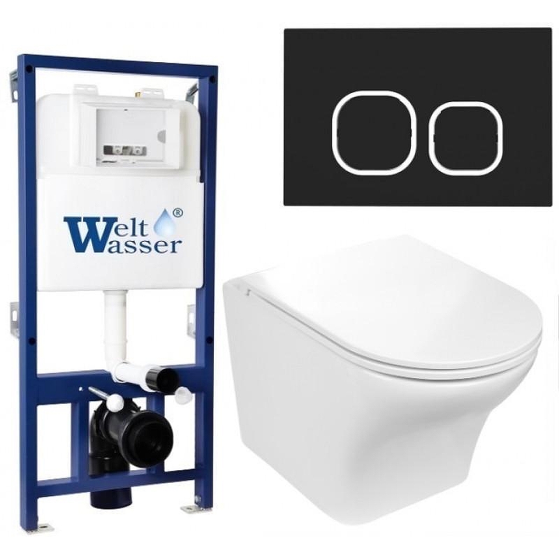 Комплект унитаза с инсталляцией WeltWasser BAMBERG 525 + ODENBACH 004 GL-WT + BAMBERG BL 10000012924 цвет Белый глянцевый с сиденьем Микролифт и клавишей смыва цвет Черный