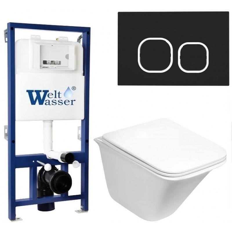 Комплект унитаза с инсталляцией WeltWasser BAMBERG 525 + ROTBACH 004 GL-WT + BAMBERG BL 10000012964 цвет Белый глянцевый с сиденьем Микролифт и клавишей смыва цвет Черный