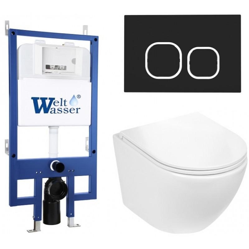 Комплект унитаза с инсталляцией WeltWasser BAMBERG 545 + MERZBACH 043 GL-WT + BAMBERG BL 10000012897 цвет Белый глянцевый с сиденьем Микролифт и клавишей смыва цвет Черный