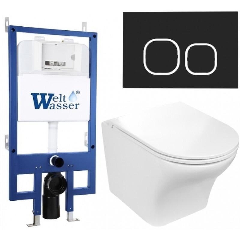 Комплект унитаза с инсталляцией WeltWasser BAMBERG 545 + ODENBACH 004 GL-WT + BAMBERG BL 10000012927 цвет Белый глянцевый с сиденьем Микролифт и клавишей смыва цвет Черный