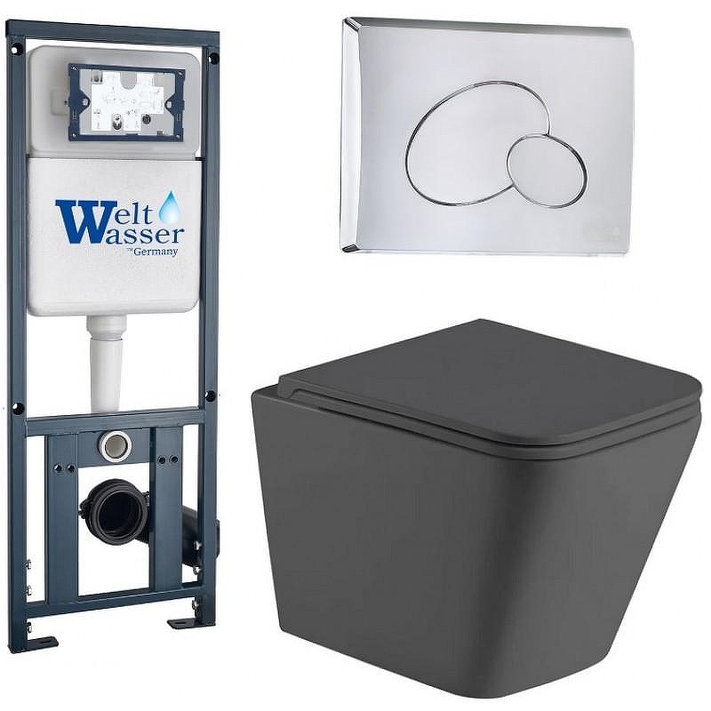 Комплект унитаза с инсталляцией WeltWasser MARBERG 410 + GELBACH 043 MT-GR + MAR 410 RD CR 10000012035 цвет Серый матовый с сиденьем Микролифт и клавишей смыва цвет Хром